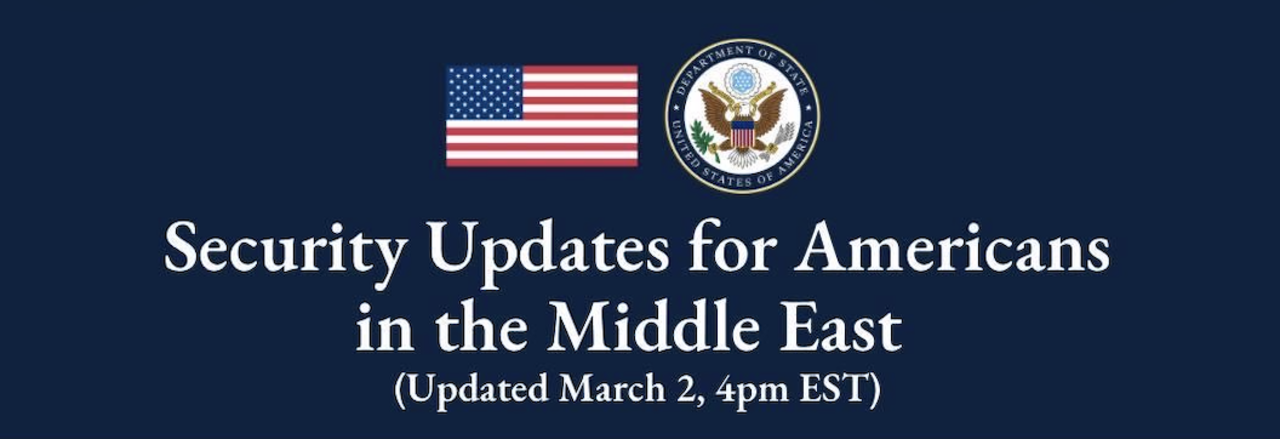 Bulletin stating State Department Urges Americans to Depart Now From Middle East Countries